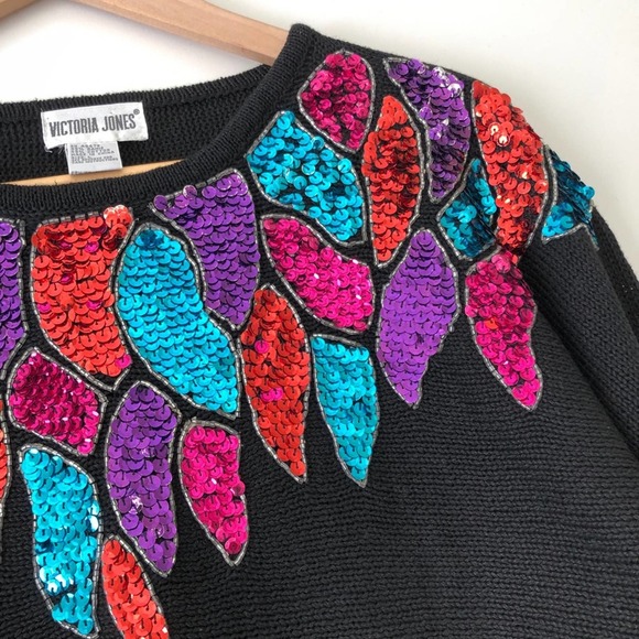 Vintage Rainbow Sequin Sweater Black Knit Bejeweled Feather Print Women's Large - Picture 4 of 6
